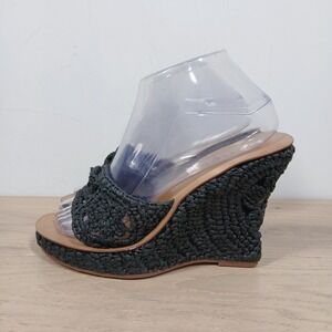 Rouge Helium Wedge Sandals Women 6.5 Black Leather Woven Platform Summer Shoes